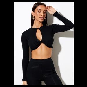 Black Long Sleeve Twist Crop Top with Keyhole (Motel Rocks Zen)